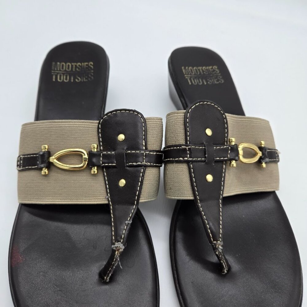 Mootsies Tootsies Womens Brown TStrap Flip Flops Sandals Sz 8 Equestrian Elastic - Picture 2 of 11
